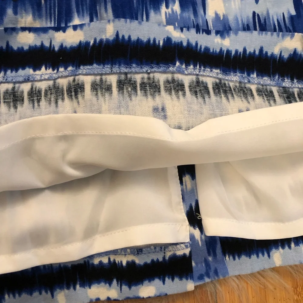 Tahari Linen Blend Tie Dye Ikat Prints Blue White Sleeveless Sheath Dress size 8 - Picture 12 of 16
